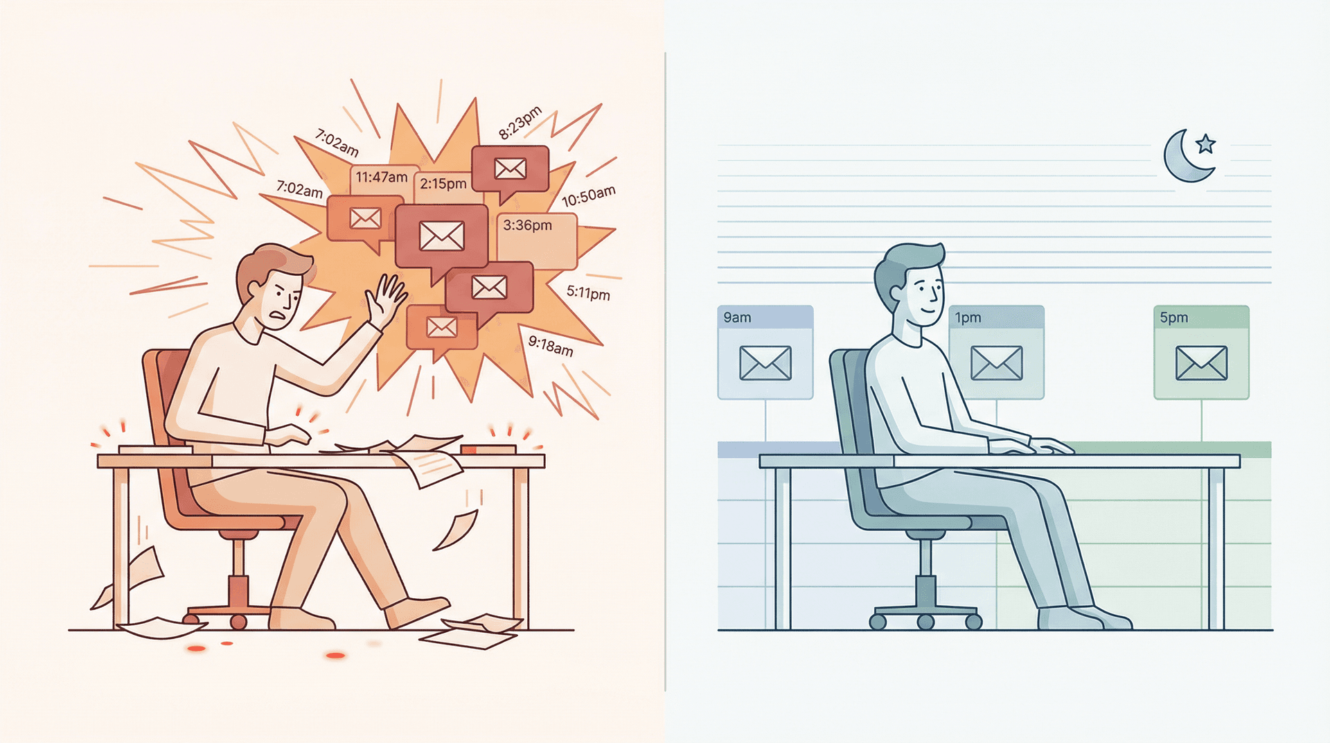 Split-panel illustration contrasting chaotic email interruptions all day versus calm scheduled email delivery at set times