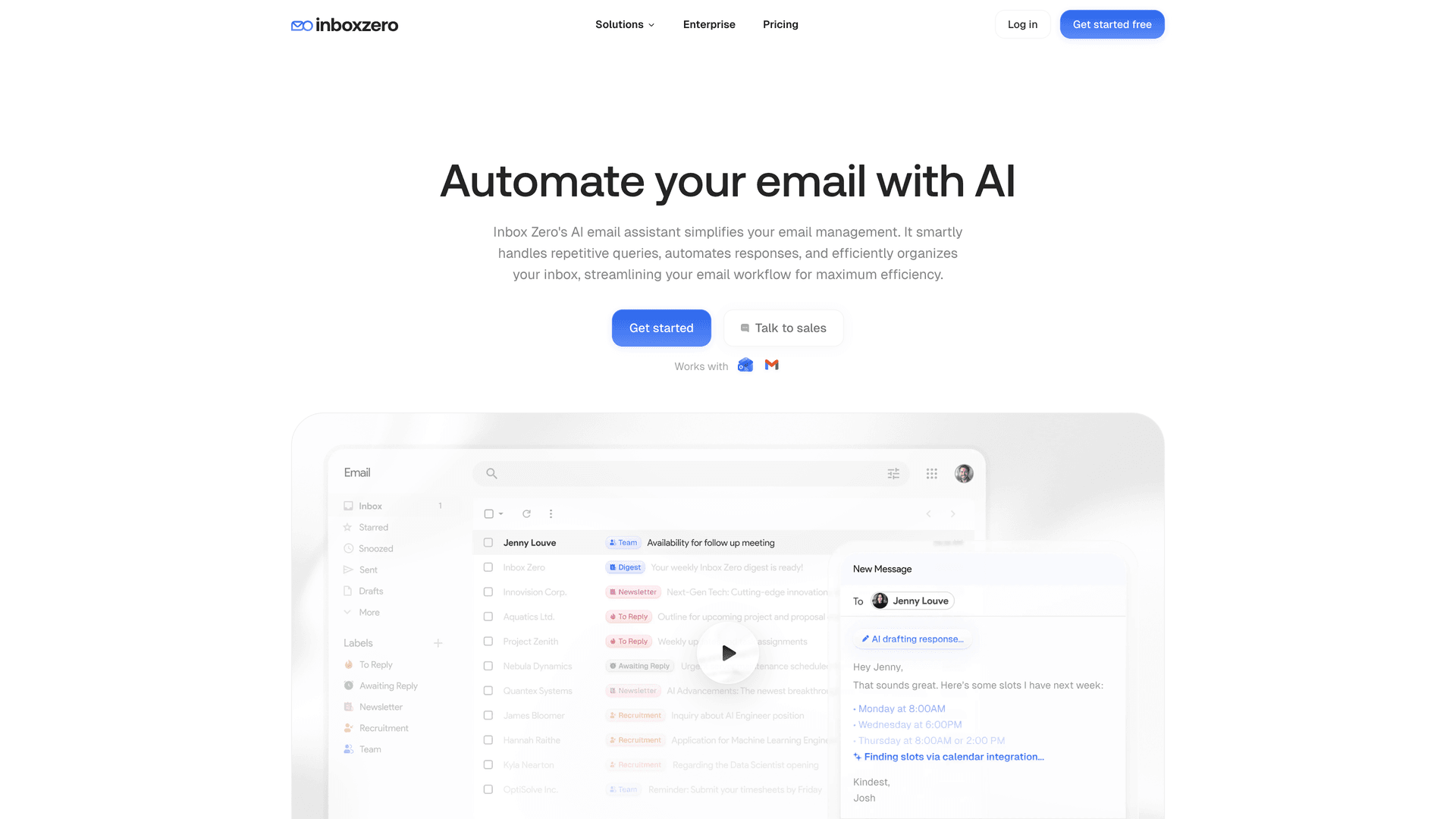 Inbox Zero AI automation page showing "Automate your email with AI" with Gmail rule engine and email management dashboard