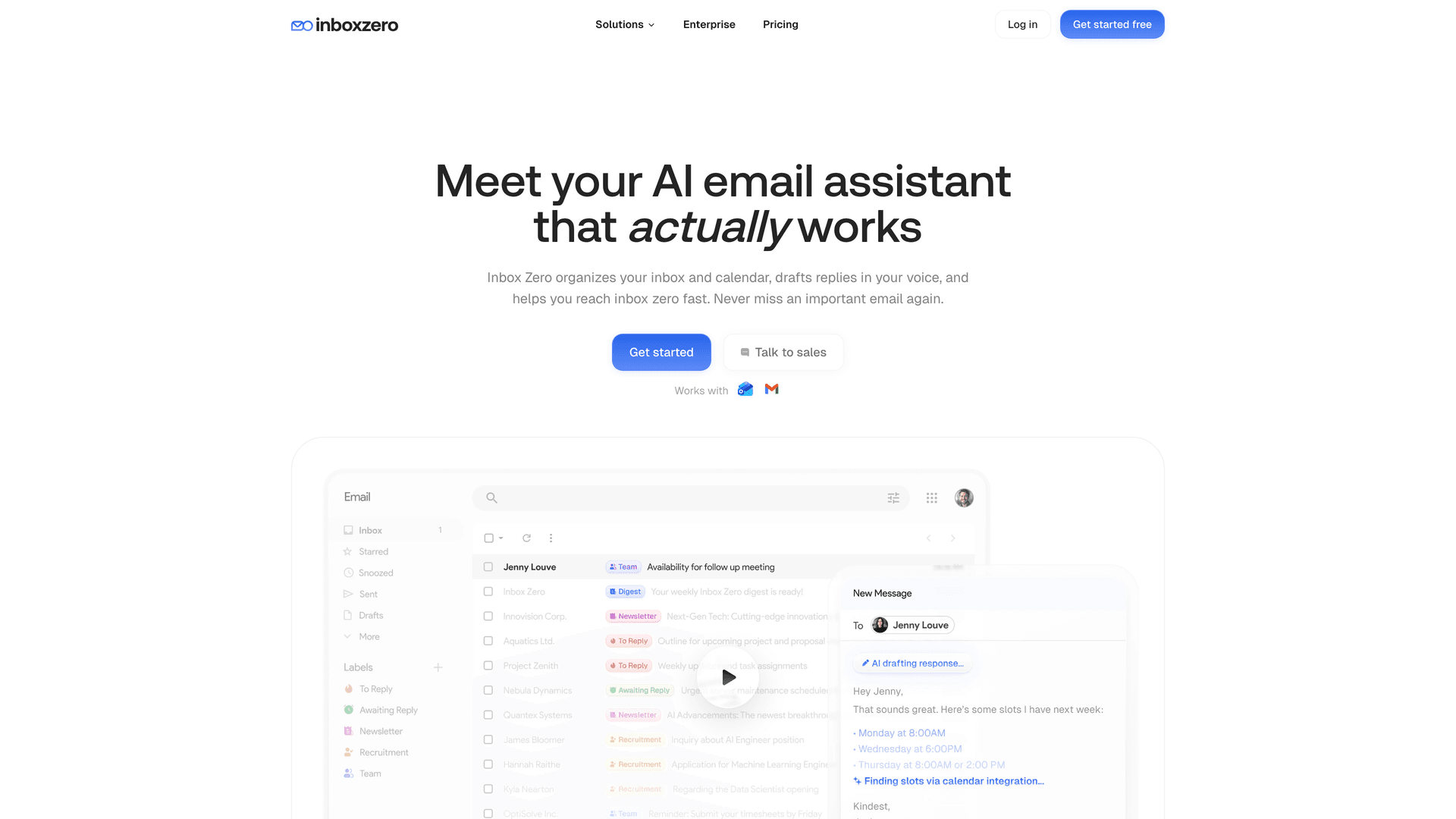 Inbox Zero AI email assistant homepage showing organized inbox dashboard and "Get started free" call to action