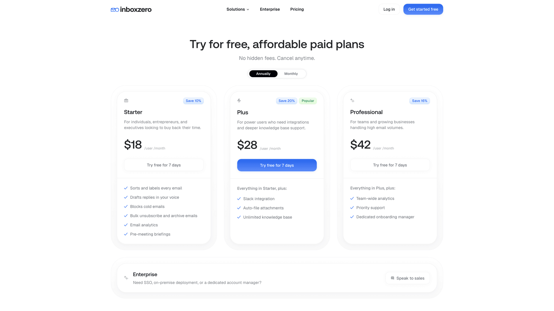 Inbox Zero pricing page showing Starter at $18, Plus at $28, and Professional at $42 per user per month with 7-day free trial