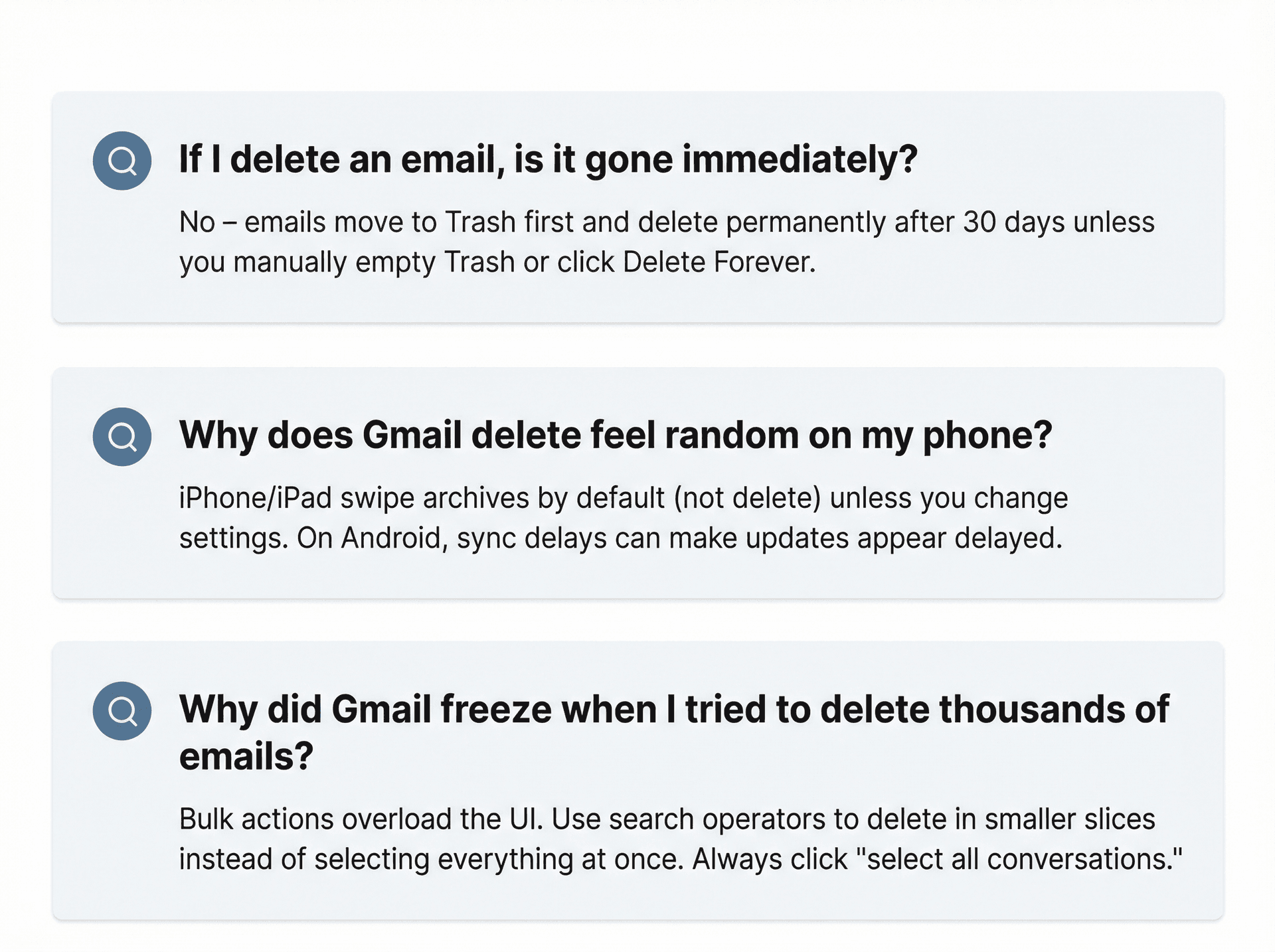FAQ panel showing three common Gmail deletion questions with clear, scannable answers