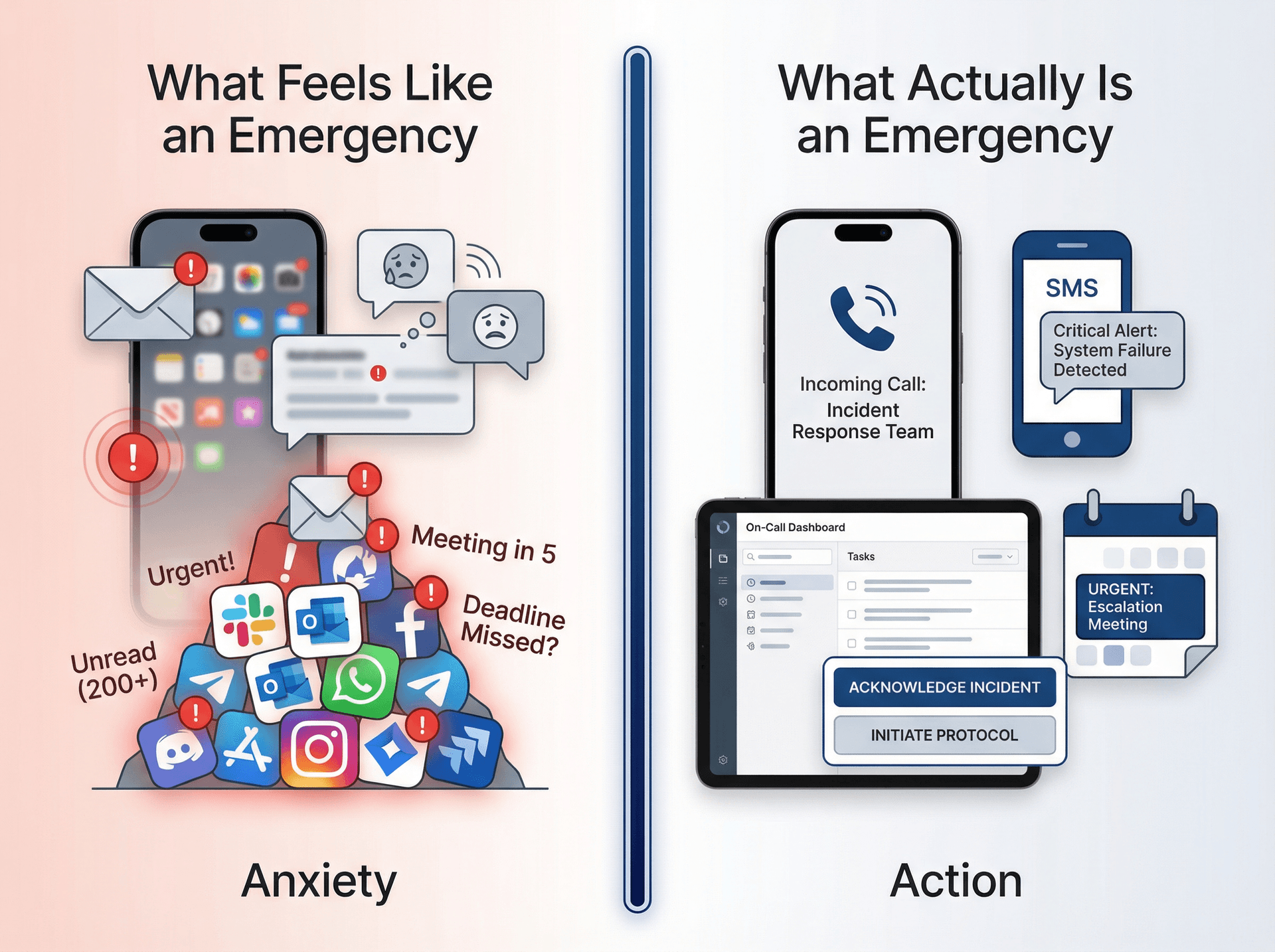 Split-screen comparison of perceived email emergencies vs. actual emergencies, with visual distinction between anxiety-driven false alarms and genuine urgent channels
