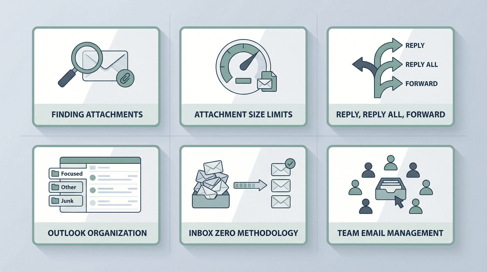 Illustrated email knowledge hub showing organized guide cards for Gmail and Outlook topics including attachments, labels, inbox management, and reply workflows