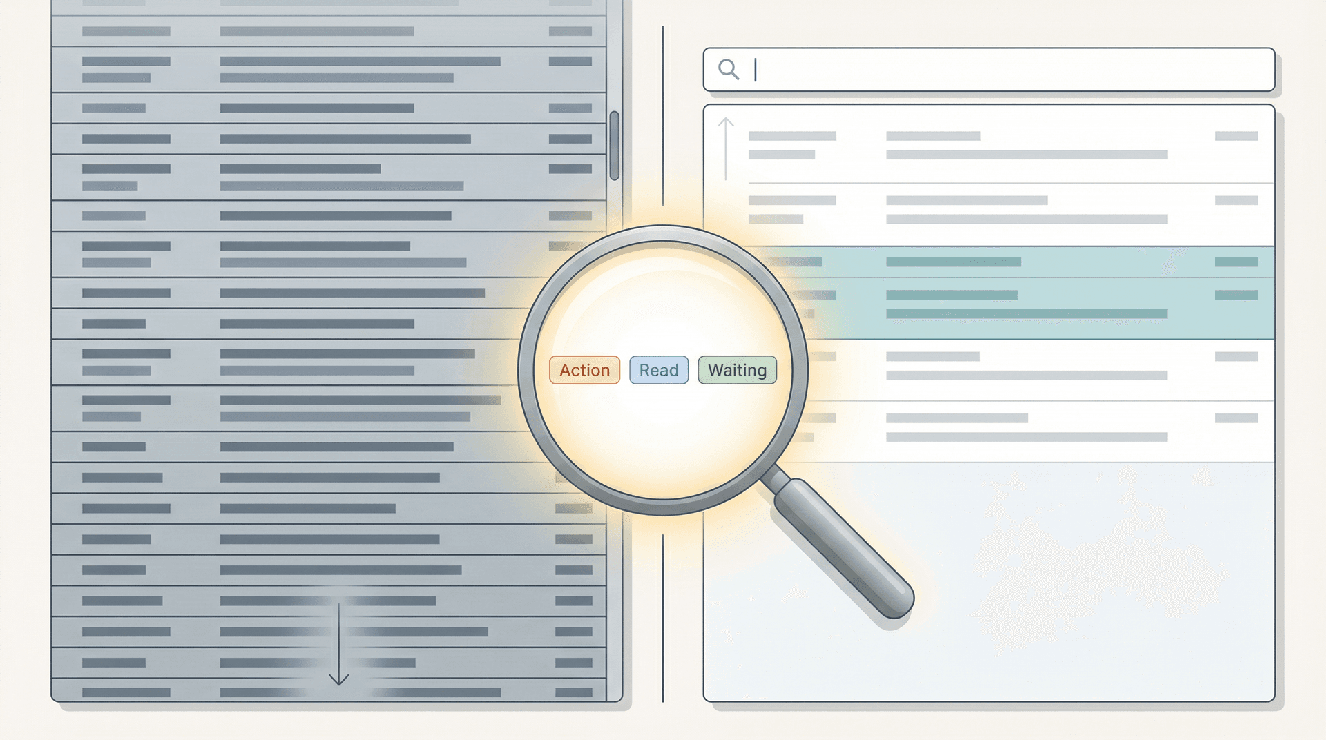Search beats scroll: chaotic endless email list versus a clean organized inbox, magnifying glass as the pivot between the two