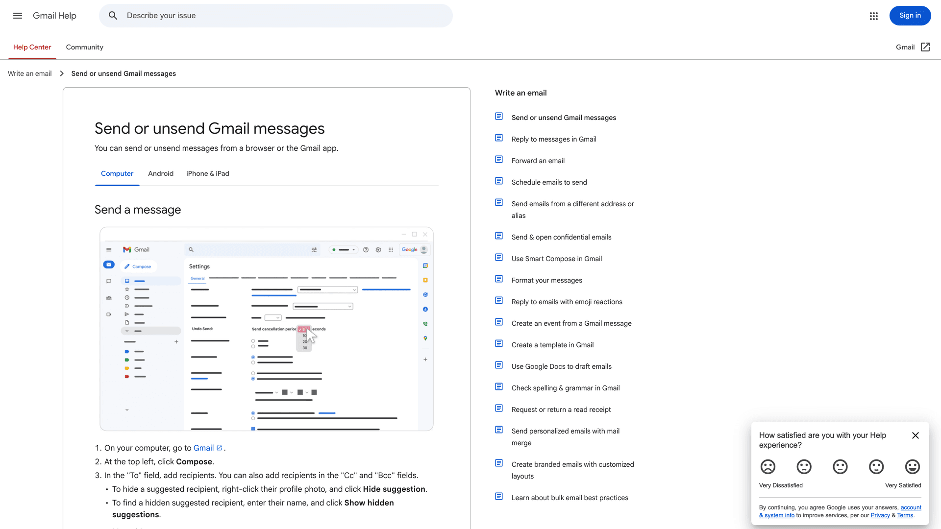 Google's official Gmail Help page showing the Undo Send feature documentation confirming the 5, 10, 20, and 30-second cancellation window options